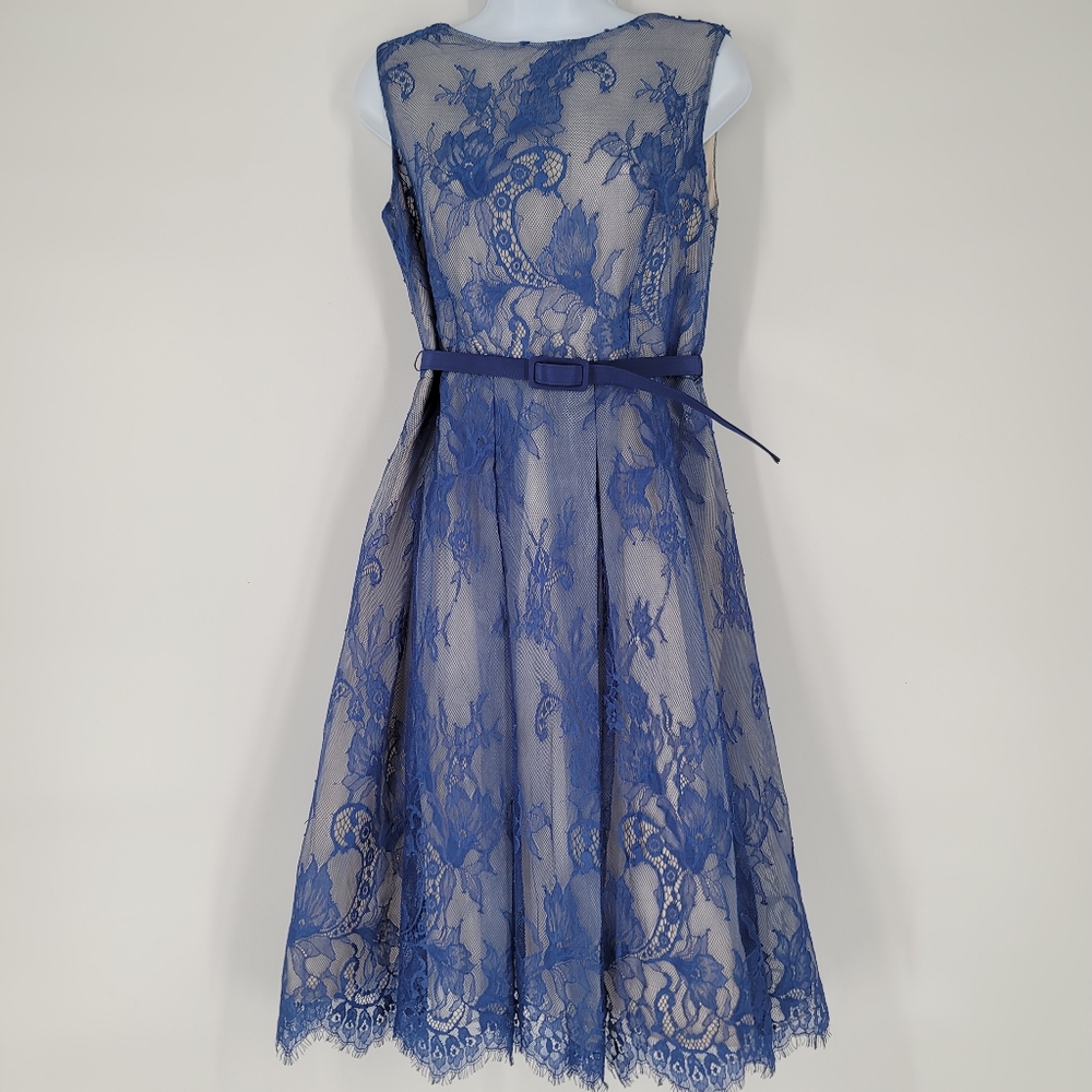 Sara Emanuel Blue Lace Belted A-Line Dress Size 10 NEW